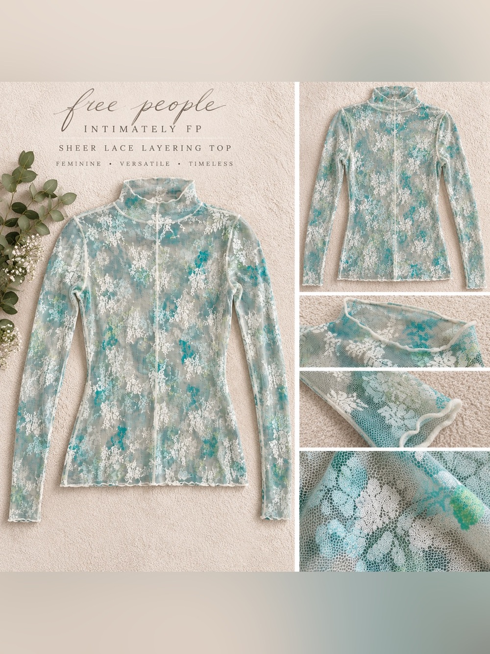 Free People Intimately Sheer Floral Lace Mesh Long Sleeve Top
